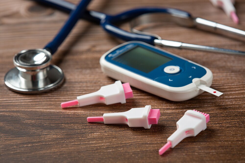 World diabetes day;Medical equipment on wooden floor