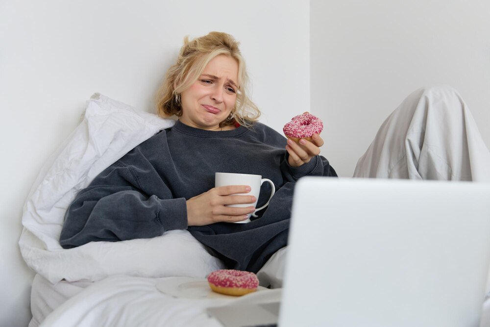 Portrait of sad crying young woman staying at home sitting in bed with doughnut and comfort food