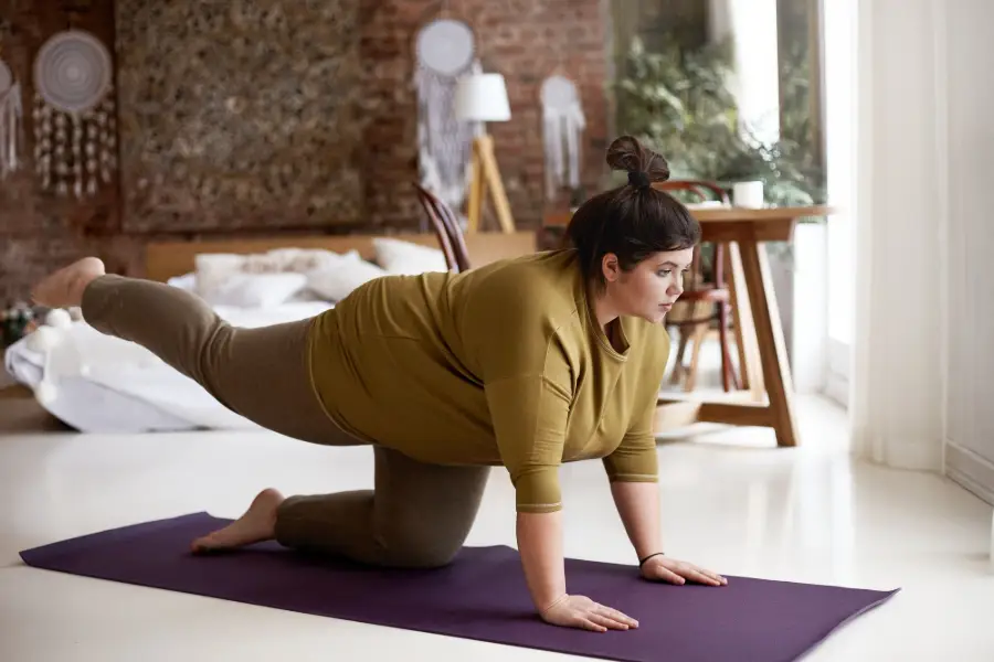 Sports, activity, fitness and weight loss concept. Indoor image of concentrated self determined young plus size woman in leggings and t-shirt exercising on mat, lifting one leg, trying to hold balance